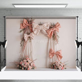 Aperturee - Aperturee Pink Bow Floral Arch Wedding Photography Backdrop